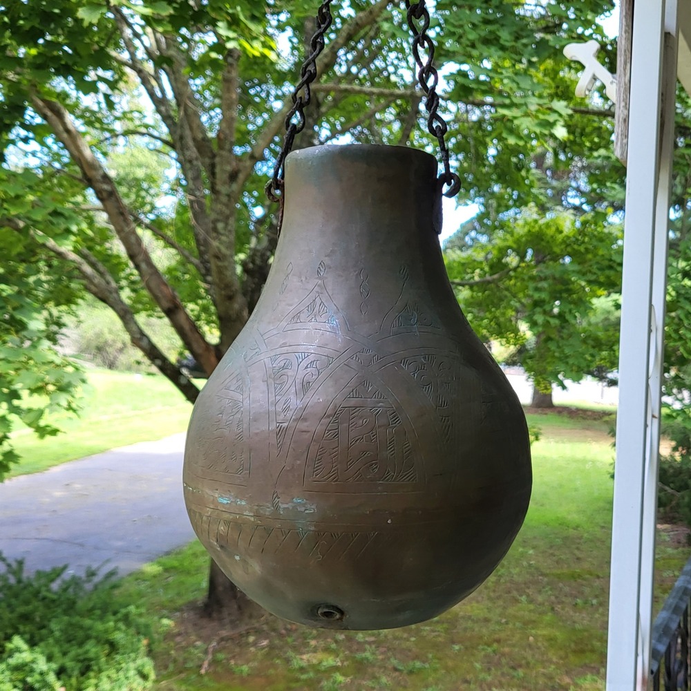Antique Syrian Hand Etched Copper Hanging Vessel Pot Patina Syria 11.5 Inch